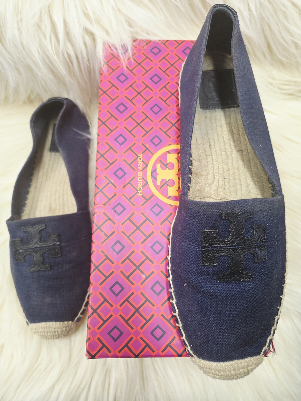 Tory Burch Navy Canvas Logo Espadrille Flats